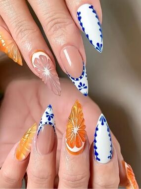 Orange & White Stiletto Nail Set with Blue Accent